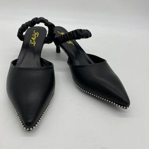 FOWT Black Pointy Toe Kitten Heel Mules Pumps